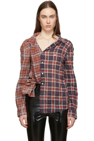 R13: Burgundy & Orange Plaid Off-The-Shoulder Shirt | SSENSE