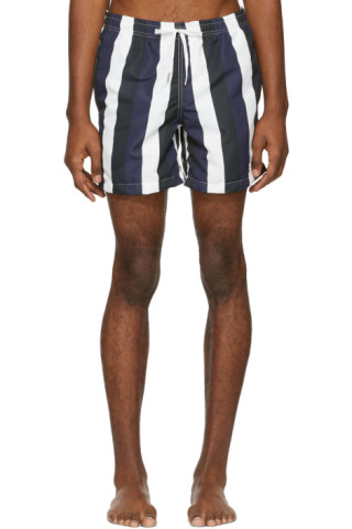 Bather: Navy & Black Striped Swim Shorts | SSENSE