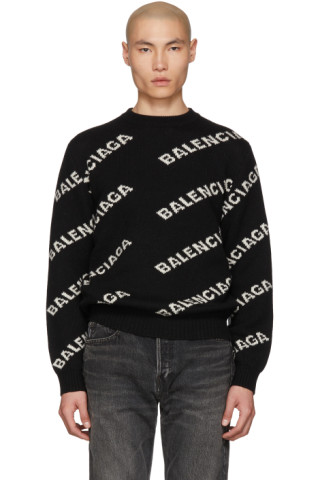 Balenciaga: Black & White Jacquard Logo Crewneck Sweater | SSENSE