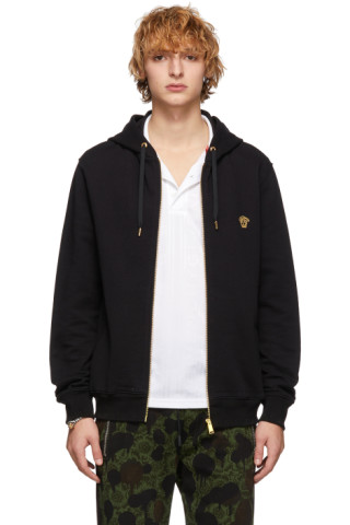 Versace: Black Embroidered Medusa Zip-Up Hoodie | SSENSE