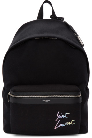 Saint Laurent: Black Canvas Embroidered City Backpack | SSENSE