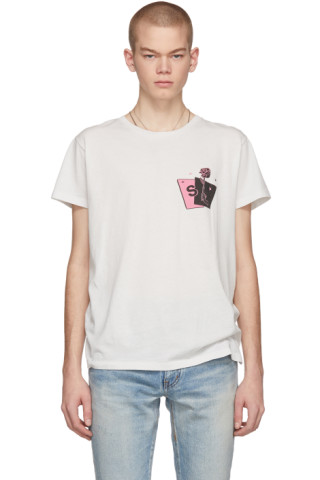 Saint Laurent: Ecru Gun Rose Logo T-Shirt | SSENSE