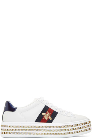 Gucci: White Crystal New Ace Sneakers | SSENSE