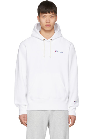 Champion Reverse Weave: White Small Script Logo Hoodie | SSENSE