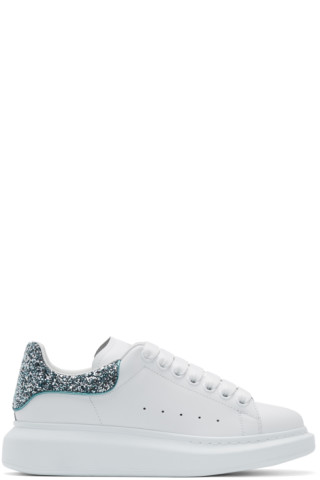 Alexander McQueen: White & Blue Glitter Oversized Sneakers | SSENSE