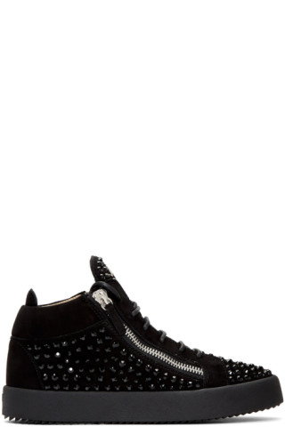 Giuseppe Zanotti: Black Suede Kriss Diamond High-Top Sneakers | SSENSE