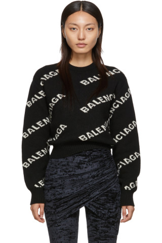 Balenciaga: Black & Off-White Jacquard Logo Sweater | SSENSE Canada