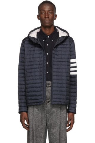Thom Browne: Navy Down 4-Bar Quilted Hooded Jacket | SSENSE