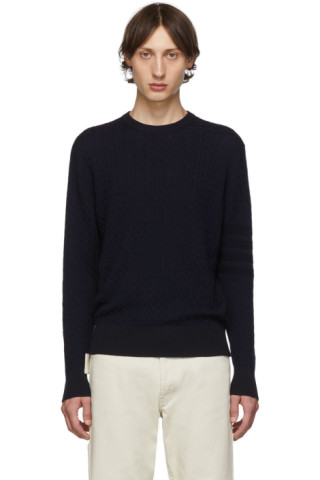 Thom Browne: Navy Baby Cable Knit Crewneck Sweater | SSENSE