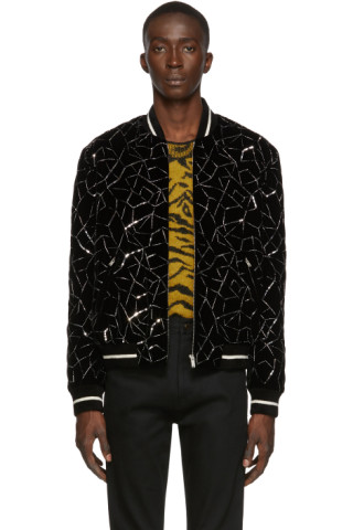 Saint Laurent: Black Teddy Tangle Silver Bomber Jacket | SSENSE