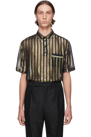 Saint Laurent: Black & Gold Silk Lamé Stripes Polo Shirt | SSENSE