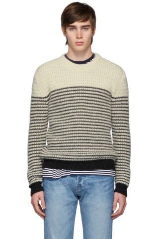 Saint Laurent: Off-White & Black Stripes Crewneck Sweater | SSENSE