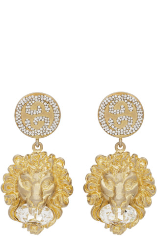 Gucci: Gold Crystal Lion Head Earrings | SSENSE Canada