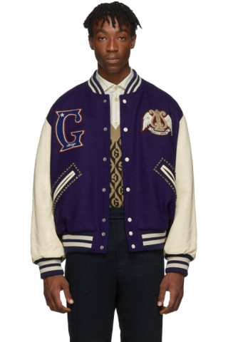 Gucci: Blue & Off-White 'Gucci Band' Varsity Jacket | SSENSE Canada