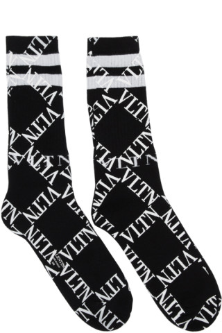 Valentino: Black & White Valentino Garavani 'VLTN' Grid Print Socks ...