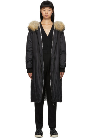 Yves Salomon - Army: Black Down & Fur Hooded Coat | SSENSE