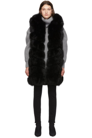 Yves Salomon: Black Fox Fur Long Vest | SSENSE
