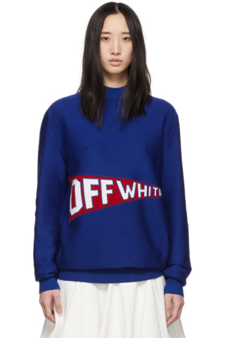 Off-White: Blue & Red Logo Flag Crewneck Sweater | SSENSE