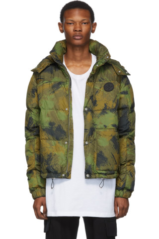 Off-White: Green Down Paintbrush Camouflage Jacket | SSENSE