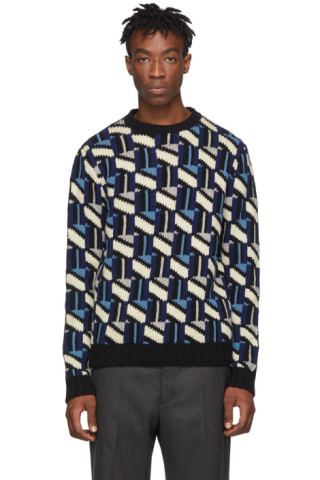 Prada: Black & Navy Intarsia Sweater | SSENSE Canada