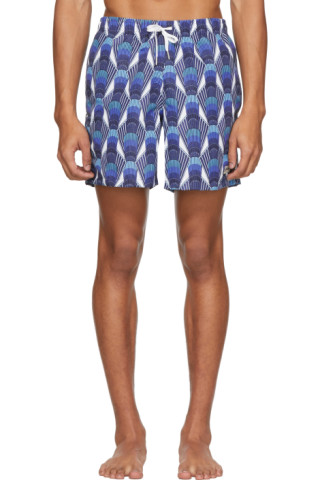 Bather: Blue Geometric Art Deco Swim Shorts | SSENSE