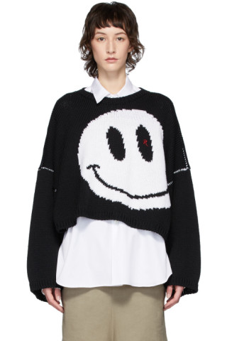 Raf Simons: Black Oversized Wool Smiley Crewneck Sweater | SSENSE