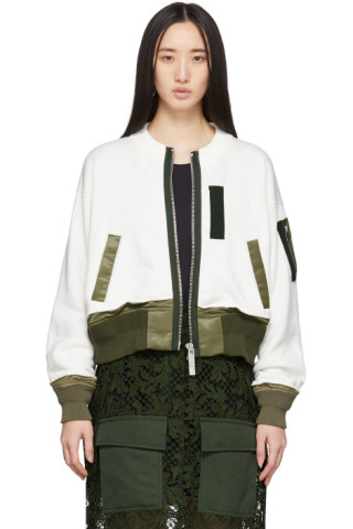 sacai: Off-White Knit Combo Bomber Jacket | SSENSE