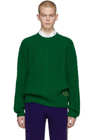 Gucci: Green Cable Knit Wool GG Sweater | SSENSE