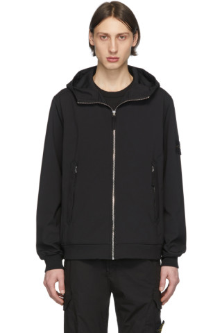 Stone Island: Black Soft Shell Hooded Jacket | SSENSE