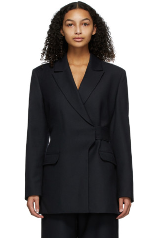 GANNI: Navy Wool Suiting Wrap Blazer | SSENSE