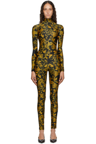 Versace Jeans Couture: Black & Gold Paisley Print Jumpsuit | SSENSE