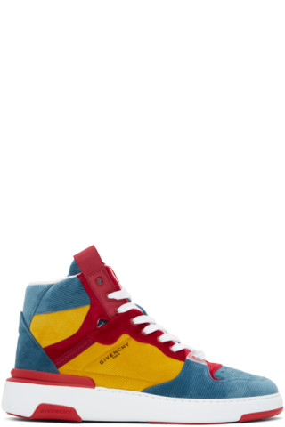 Givenchy: Blue & Yellow Ribbed Velvet Three-Toned Wing Sneakers | SSENSE