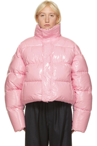 Balenciaga: Pink Shiny Cropped Puffer Jacket | SSENSE