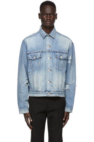 Balenciaga: Blue Denim Ripped Jacket | SSENSE