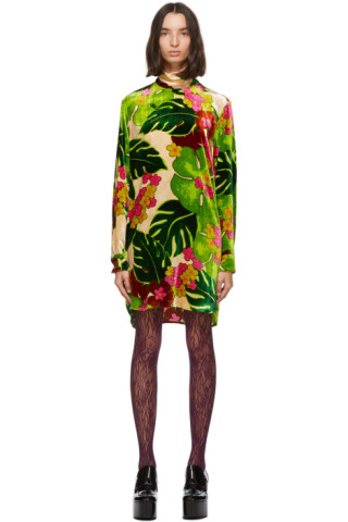 Dries Van Noten: Green Velvet Floral Short Dress | SSENSE