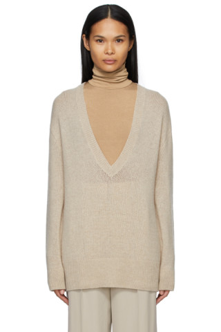 Taupe Cashmere Baudelia V-Neck Sweater by The Row on Sale