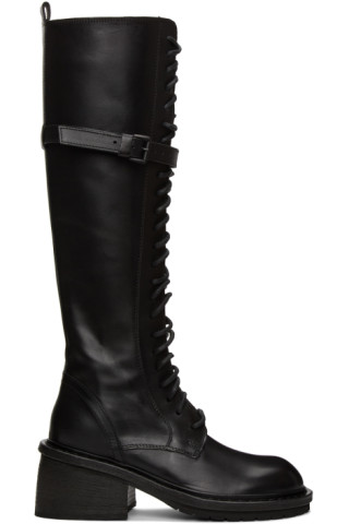 Ann Demeulemeester: Black Leather Heel Lace-Up Boots | SSENSE