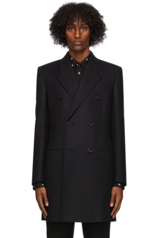 Saint Laurent: Black Wool Double-Breasted Coat | SSENSE