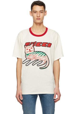 Gucci: Off-White Cat Print Oversize T-Shirt | SSENSE