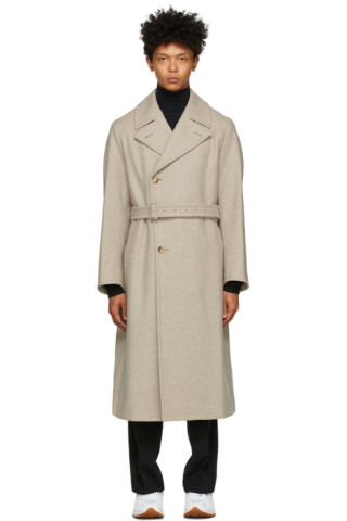 AURALEE: Beige & Grey Light Melton Double-Breasted Coat | SSENSE