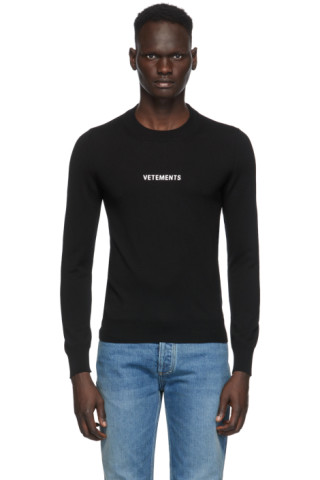 VETEMENTS: Black Merino Logo Crewneck Sweater | SSENSE