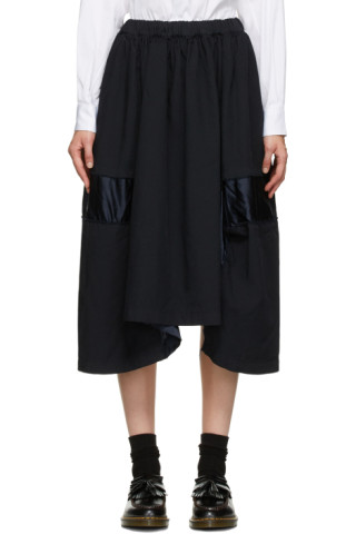 Comme des Garçons Comme des Garçons: Navy Satin Insert Midi Skirt ...