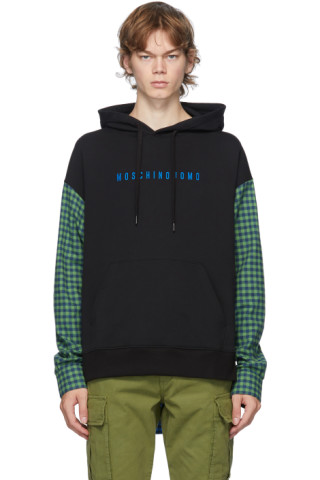 Moschino: Black Plaid 'Moschinouomo' Hoodie | SSENSE