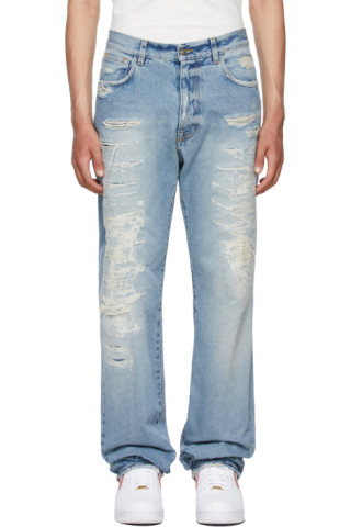 424: Blue Distressed Straight-Leg Jeans | SSENSE