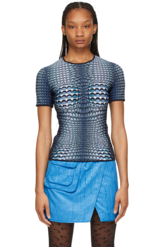 Marine Serre: Blue Jacquard Moonfish Skin T-Shirt | SSENSE