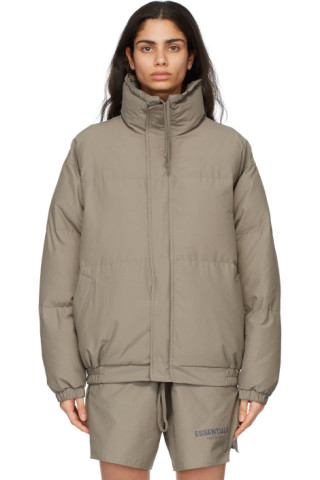 Essentials: Khaki Nylon Puffer Jacket | SSENSE