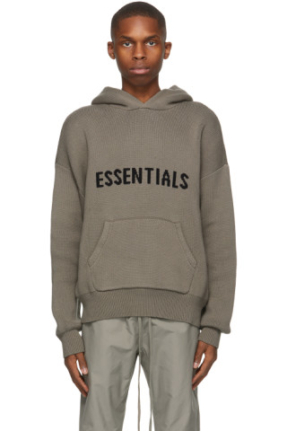 Essentials: Taupe Knit Logo Hoodie | SSENSE