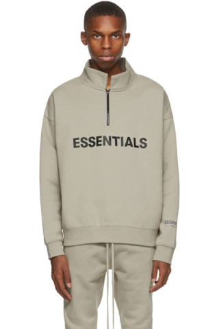 Essentials: Khaki Mock Neck Zip-Up Sweater | SSENSE