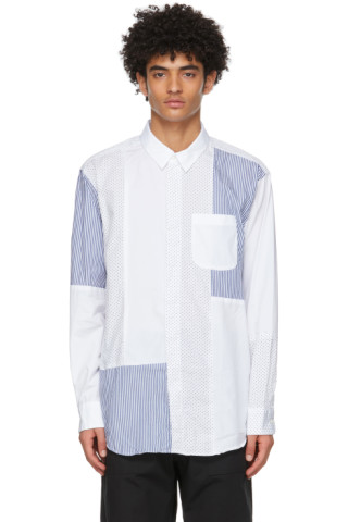 Engineered Garments: White Polka Dot & Stripe Combo Collar Shirt | SSENSE