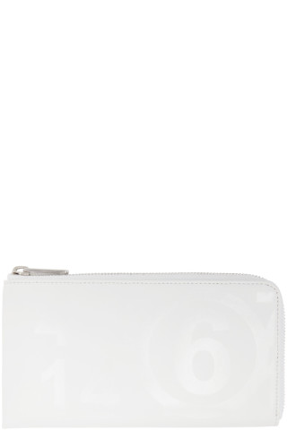 MM6 Maison Margiela: White Faux-Leather Logo Zip Wallet | SSENSE